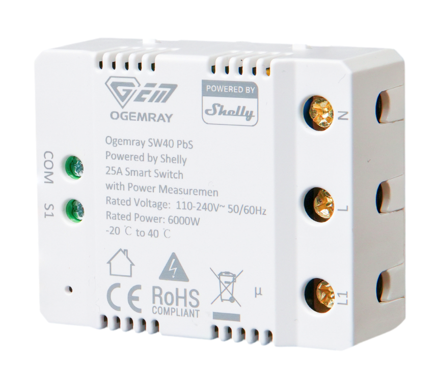 Shelly PbS – Ogemray Smart Relay 25A – Großgeräte Relais – max. 25A – Messfunktion – WLAN – LAN – BT – SW40-25A-Relay-PbS