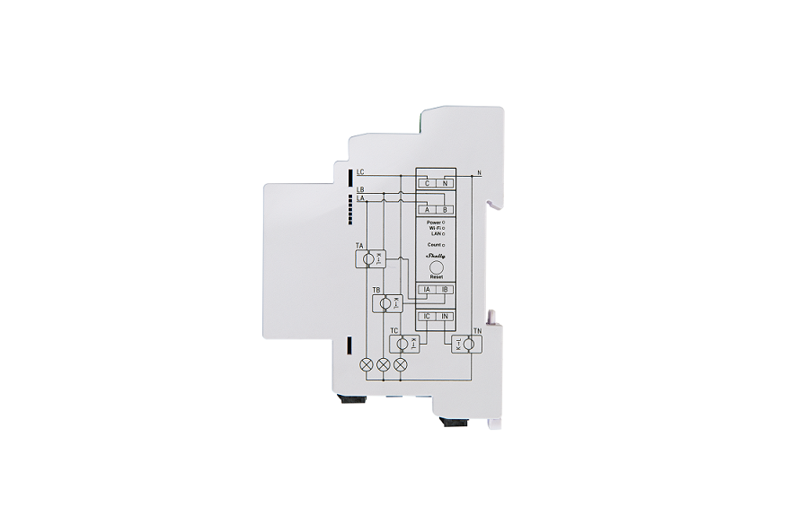 Shelly Pro 3EM 120A v2 – Stromzähler – inkl. 3x 120A Klemmen – Messfunktion – WLAN – LAN – BT – Produktansicht 3