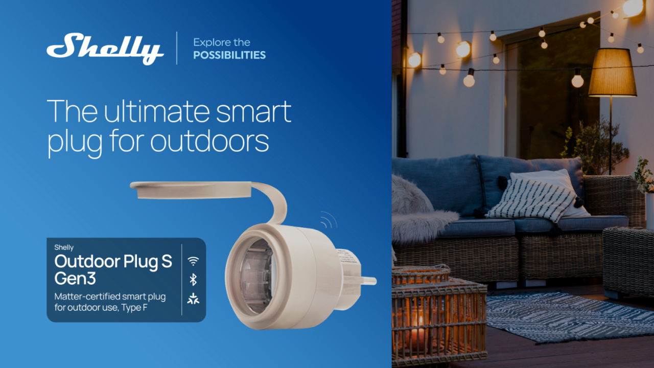 Shelly – Plug & Play Outdoor Plug S Gen3 – Zwischenstecker für draußen – 12A – Messfunktion – WLAN – Matter – BT – Produktansicht 2