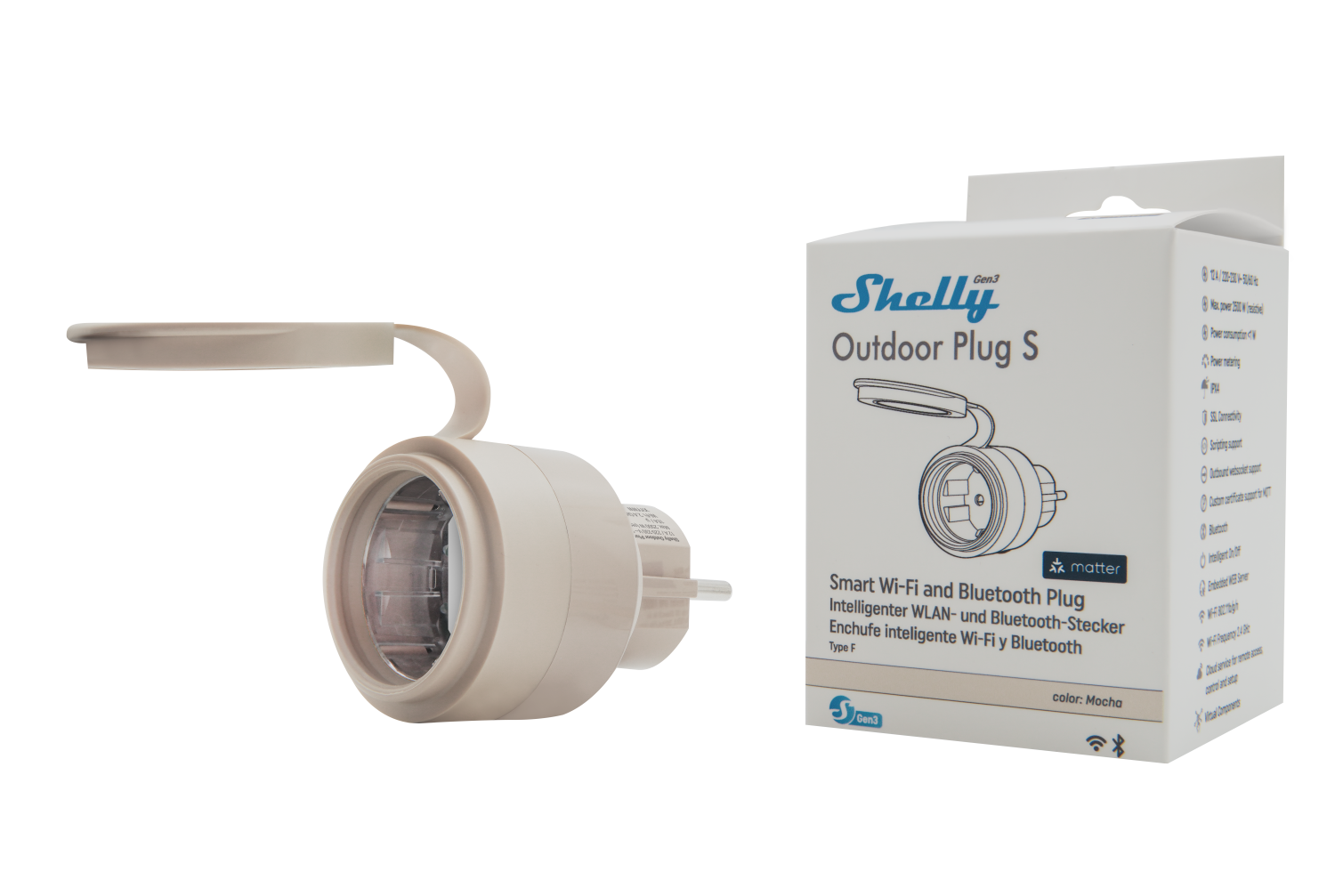 Shelly – Plug & Play Outdoor Plug S Gen3 – Zwischenstecker für draußen – 12A – Messfunktion – WLAN – Matter – BT – Produktansicht 10